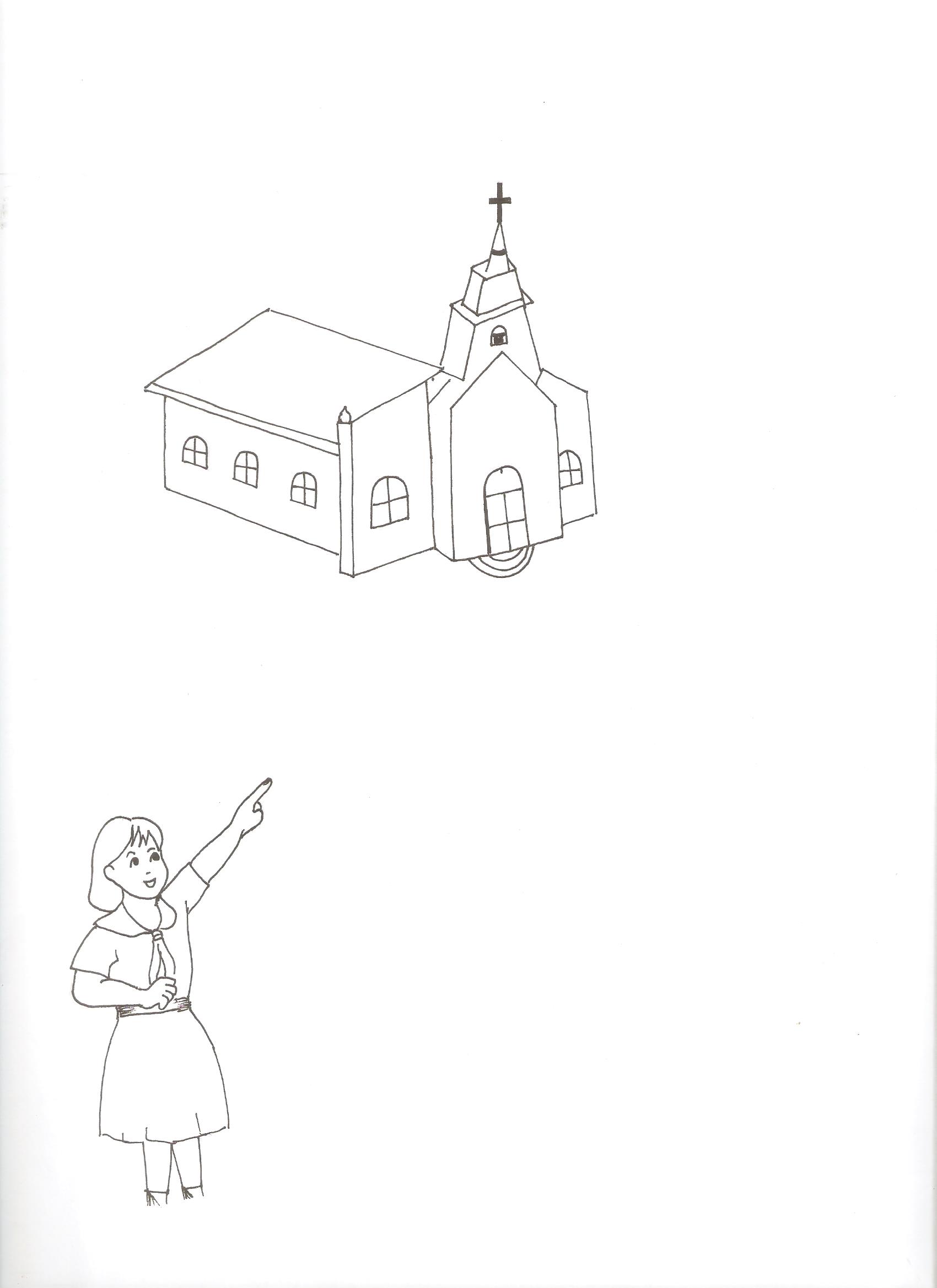 Girl pointing church